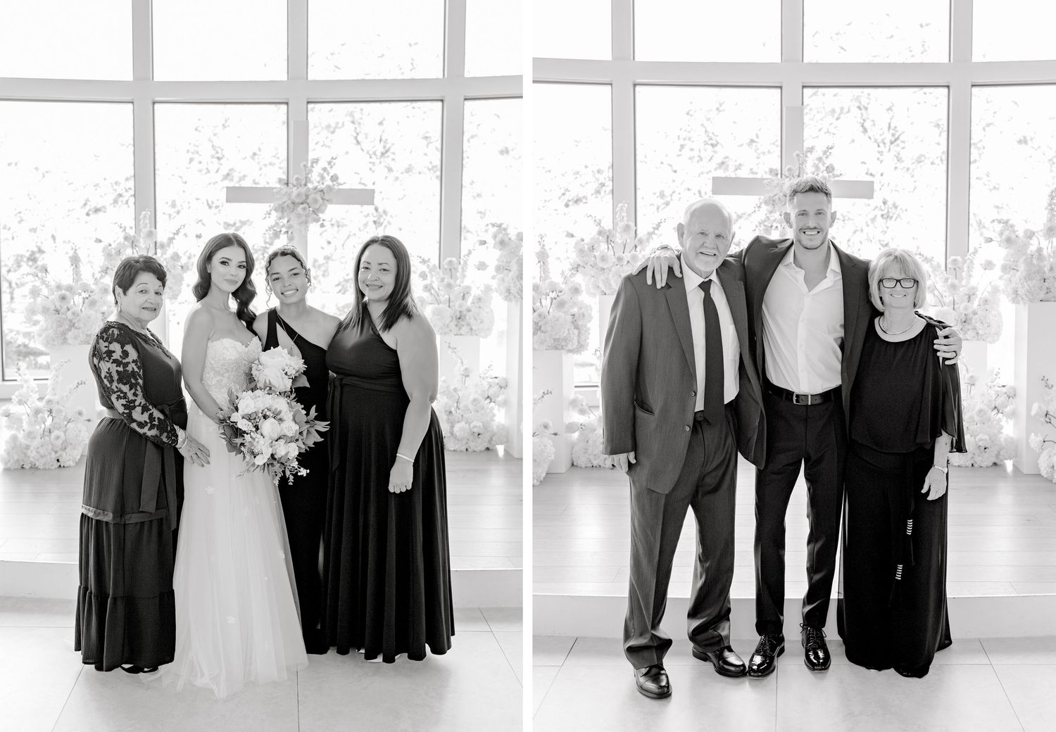 Black and white wedding party group photo with people standing in a line against a light background.