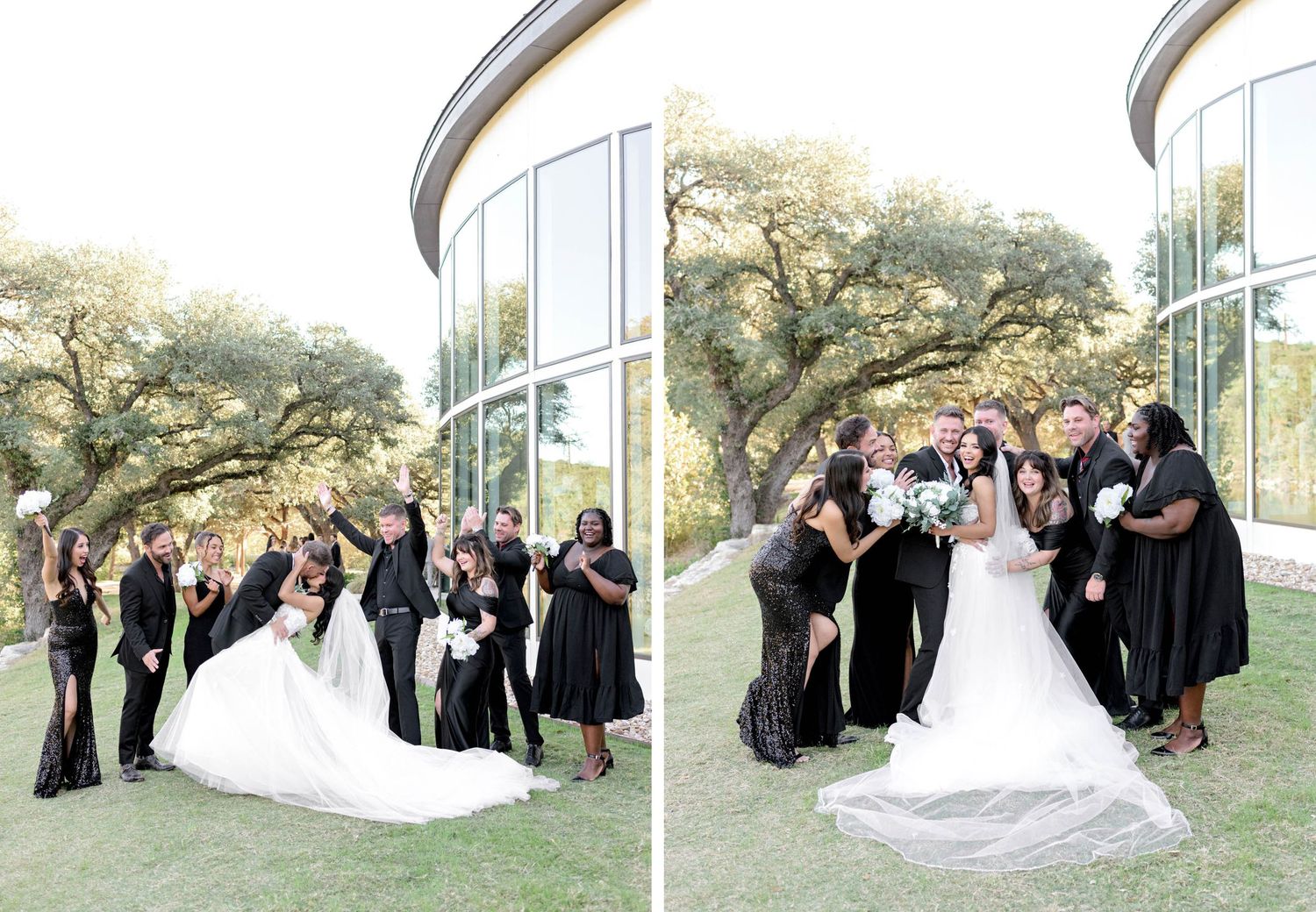 Wedding party poses together outdoors with trees and natural scenery in the background.