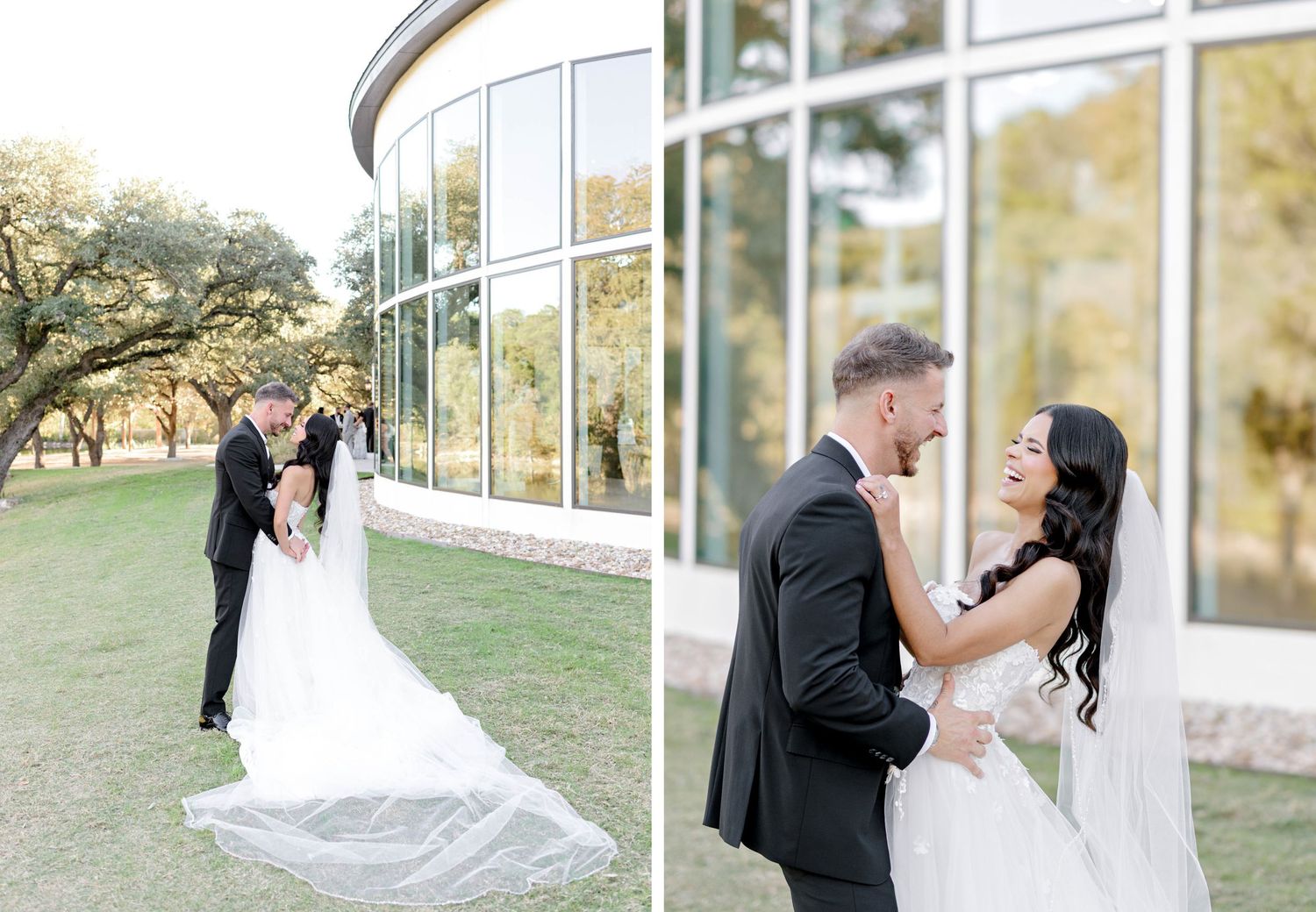 Elegant wedding couple embraces in front of modern glass building with curved architecture and manicured grounds.
