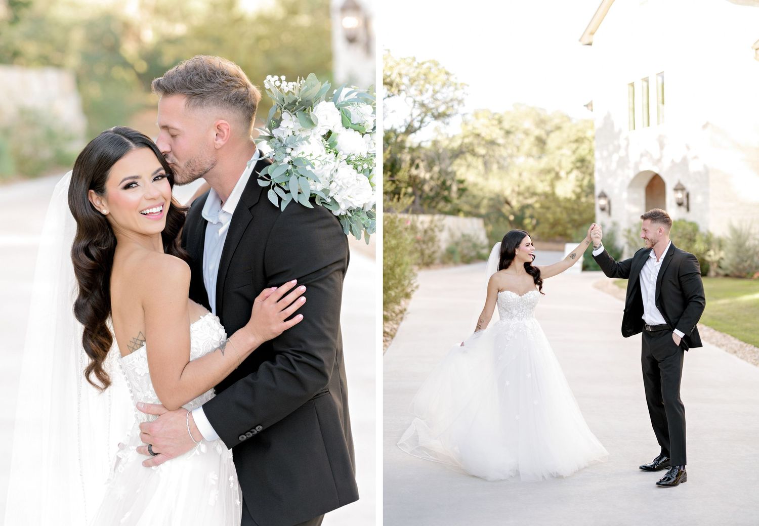 Bride and groom share romantic moments during outdoor wedding photo session.