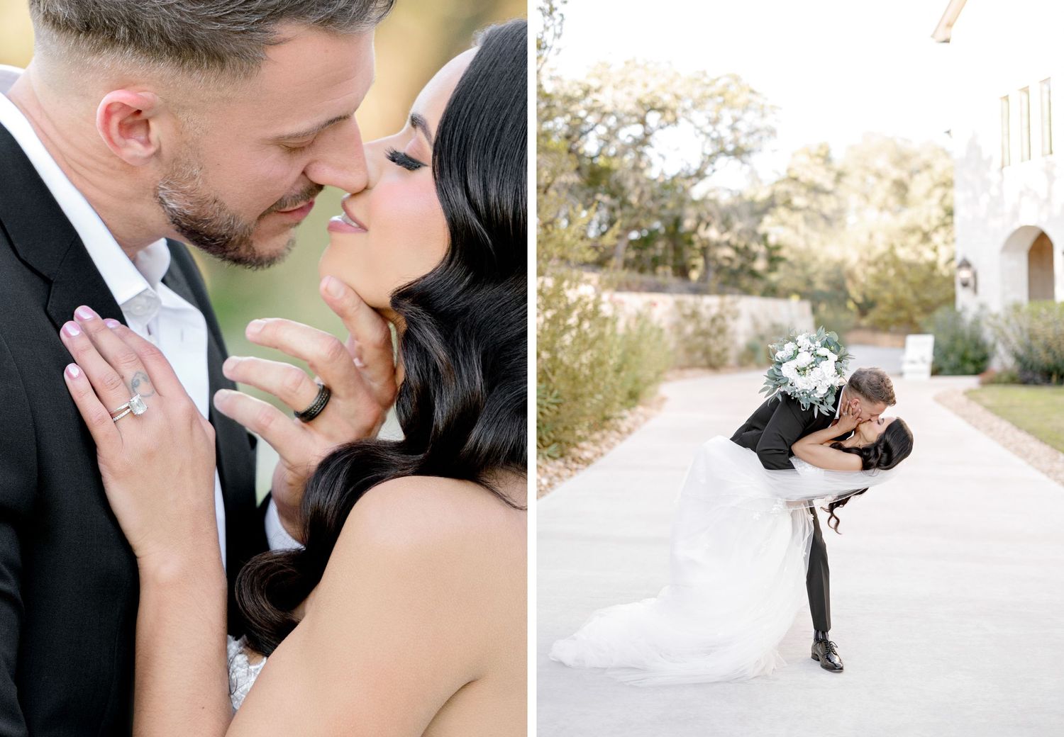 A romantic wedding photo collage showing couples embracing and kissing in outdoor settings.