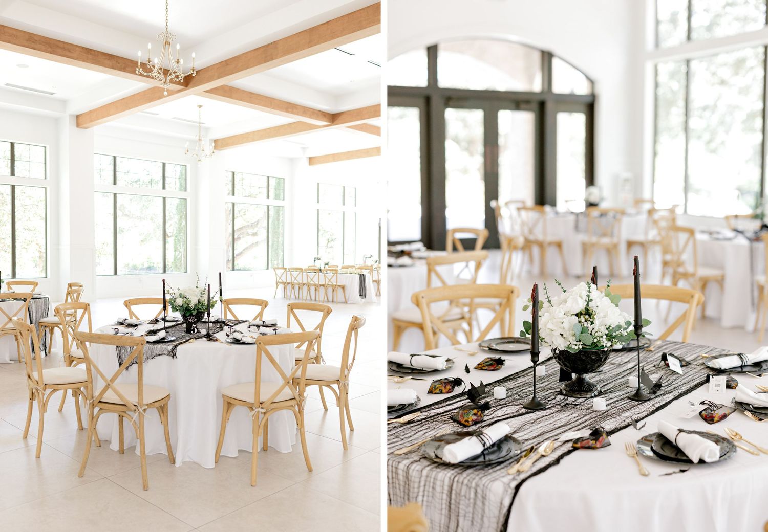 Modern minimalist restaurant interior with wooden chairs and white tables in a bright sunlit space.