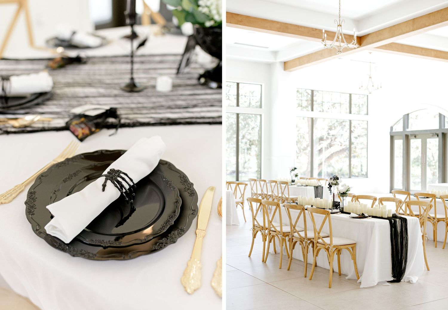 Contemporary dining room setup with black and white place settings and natural wood accents.