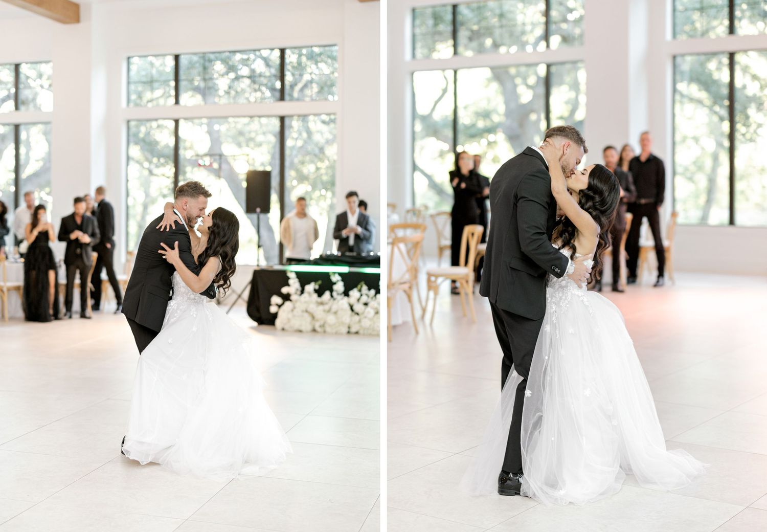 A wedding reception series showing couples dancing in a bright, modern venue with large windows and white decor.
