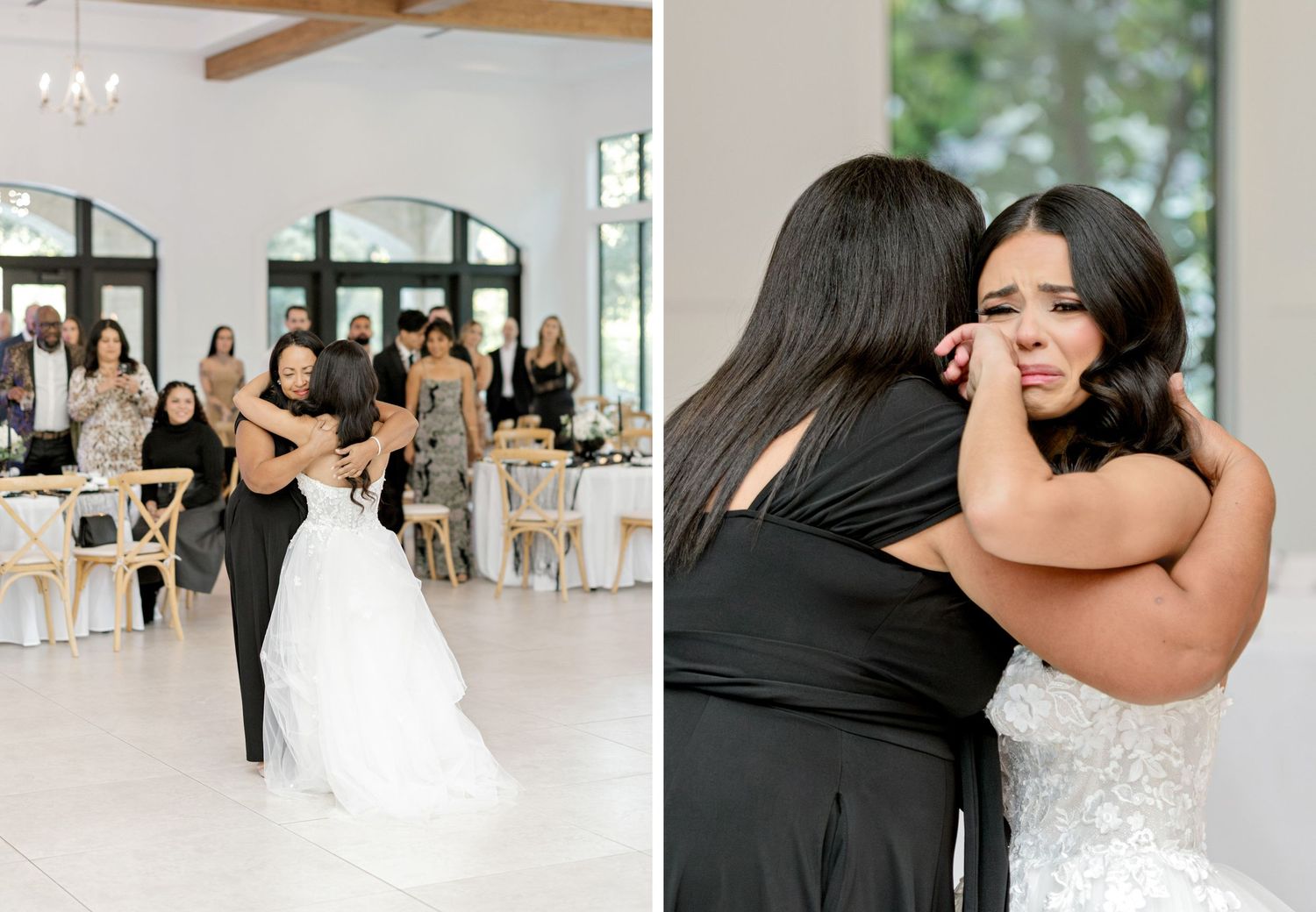 A series of candid wedding moments captured in a bright, modern venue with white walls and natural lighting.
