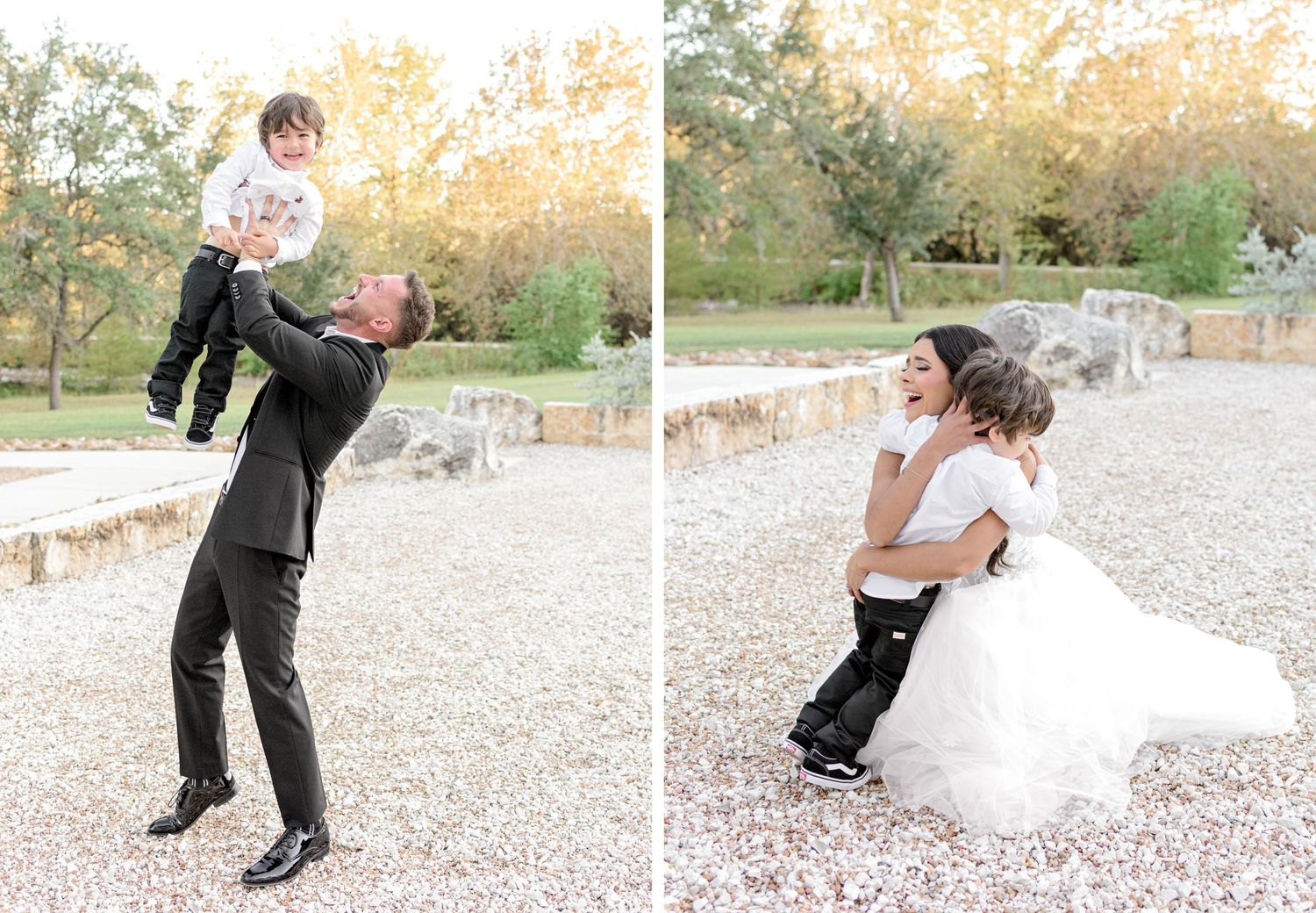 A sequence of wedding photos shows a couple playfully falling and rolling together on a gravel path at sunset.