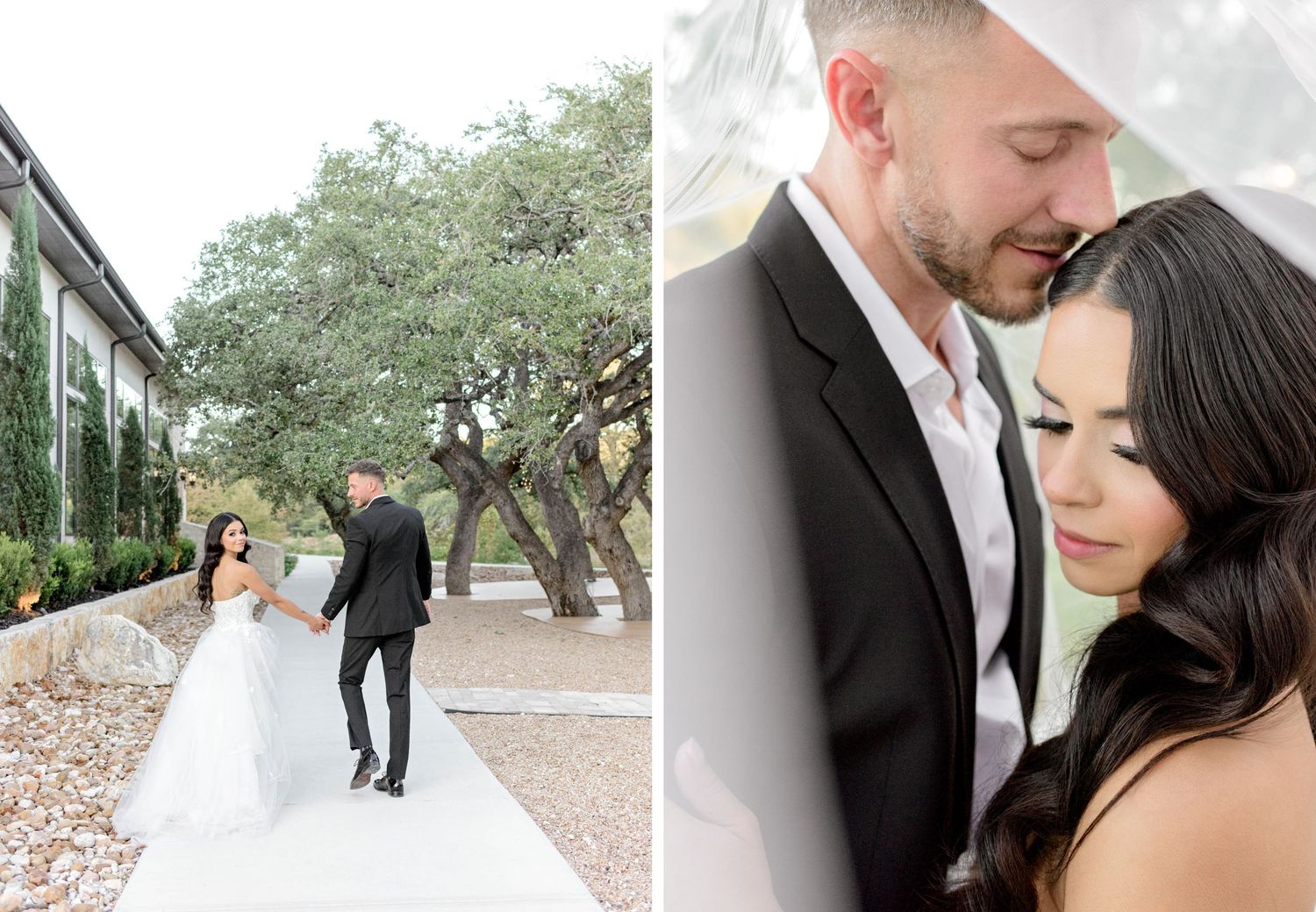 Multiple wedding photos showing intimate moments between newlyweds in a natural outdoor setting.