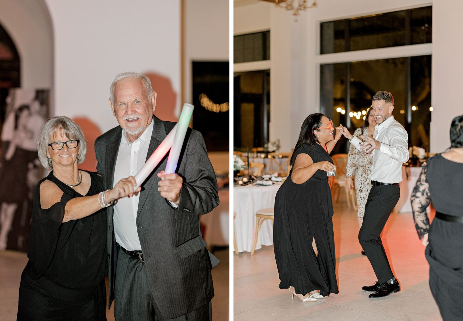 A series of black and white photos showing couples dancing together at an elegant indoor event.