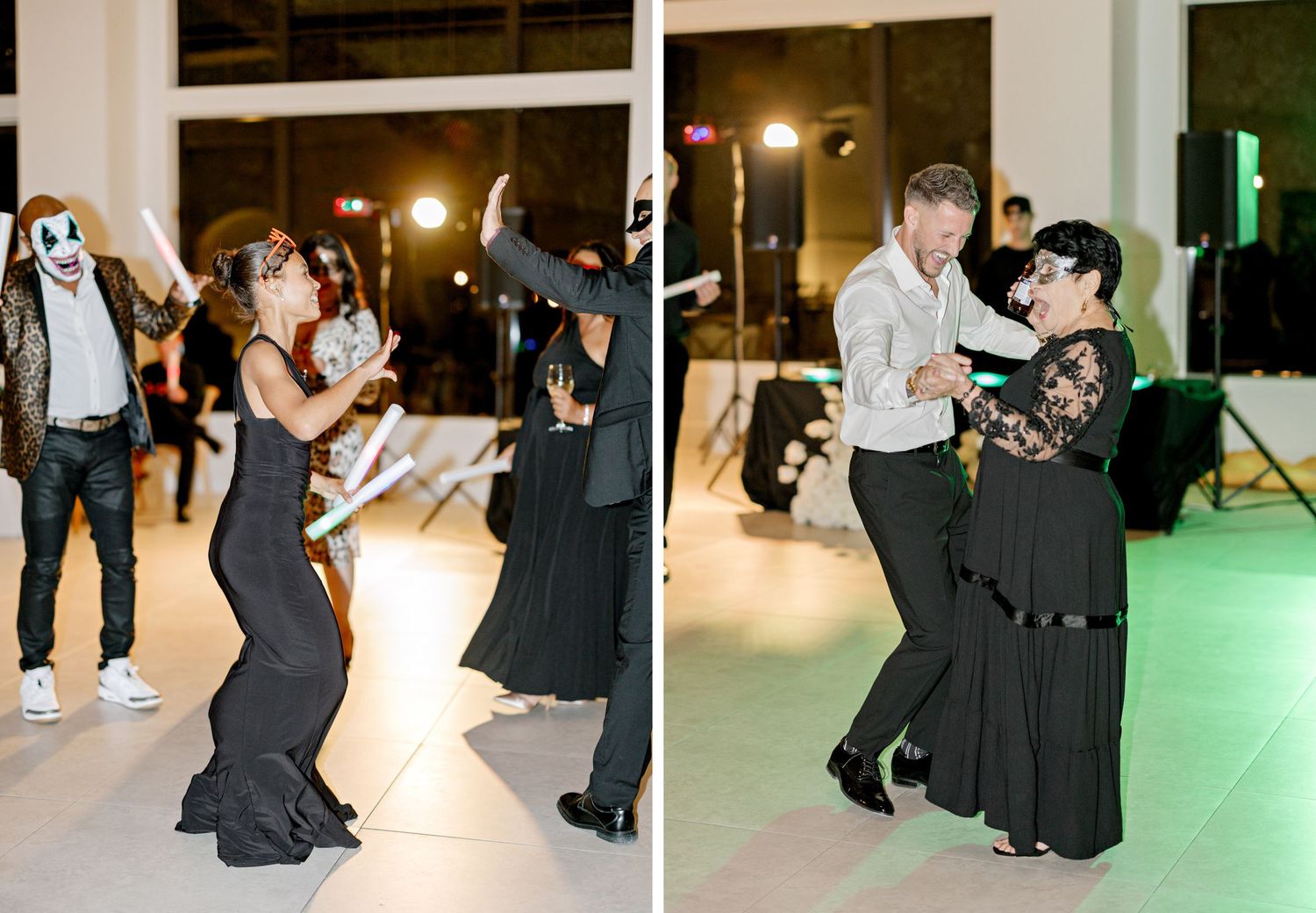 A series of dance photos showing couples performing various dance moves on a green-lit dance floor at an event.