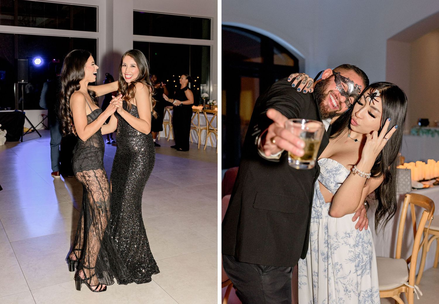 Black and white photo series showing couples dancing and embracing at a celebration event.