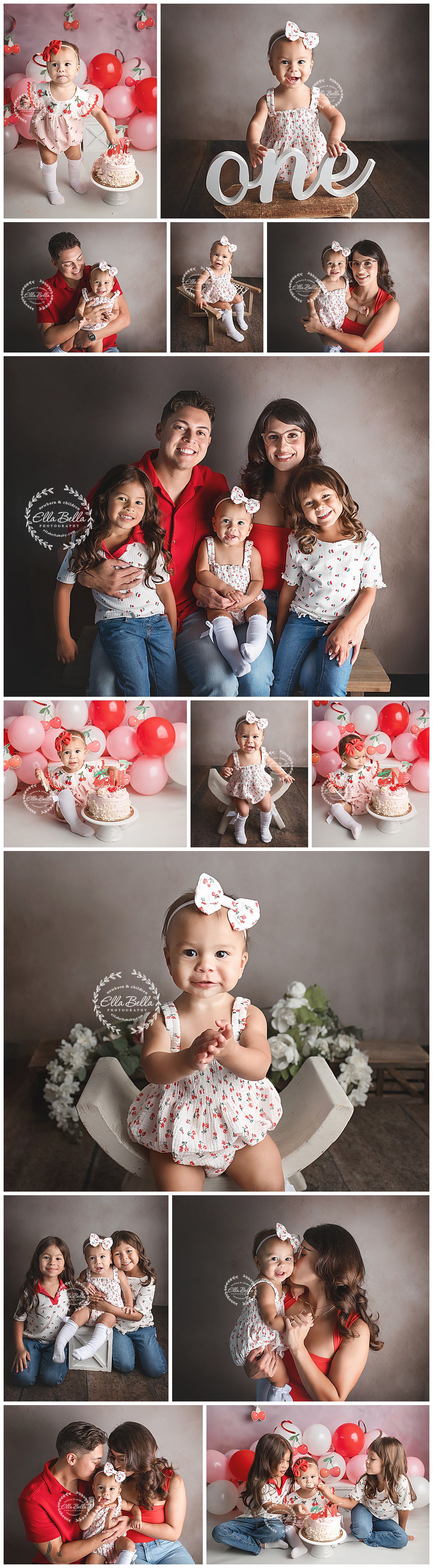 Sweet first birthday celebration photos with pink and red balloons, cake smash, and family portraits in a studio setting.