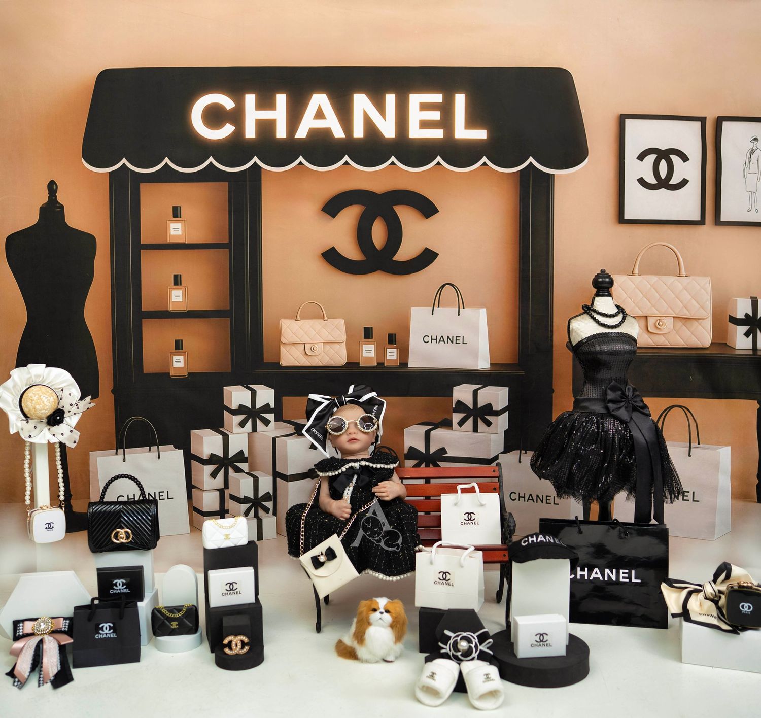 Louis Vuitton retail display with monogram bags, jewelry, and accessories showcased in an elegant boutique setting.