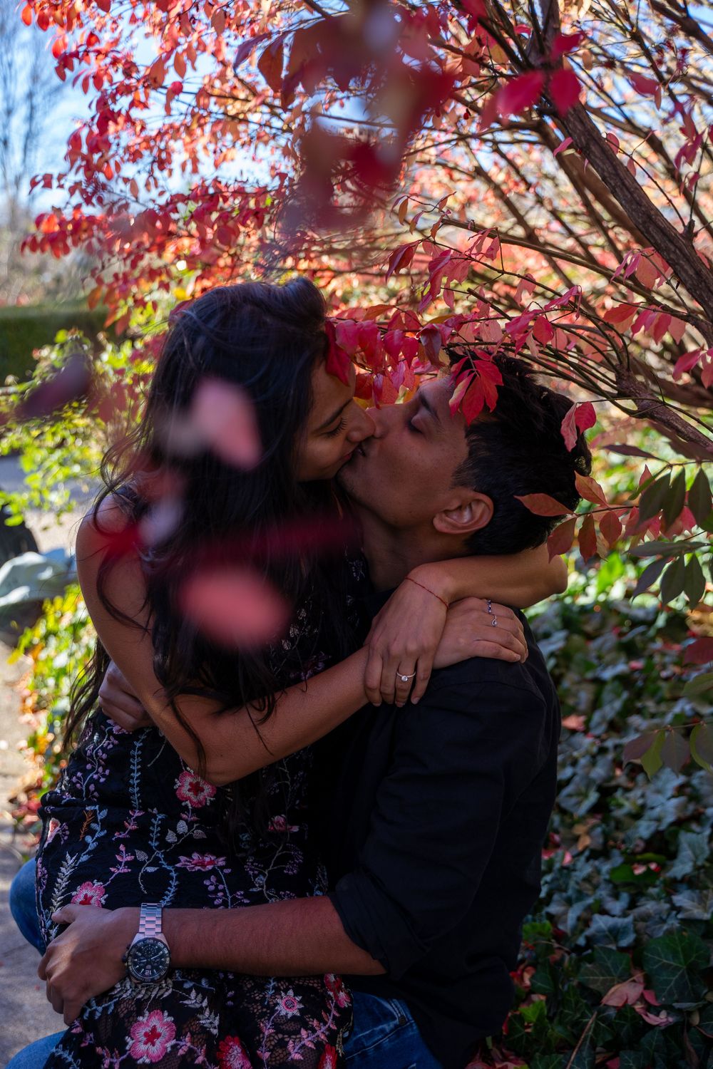 Couple sharing a romantic kiss under vibrant red autumn foliage in an outdoor garden setting.