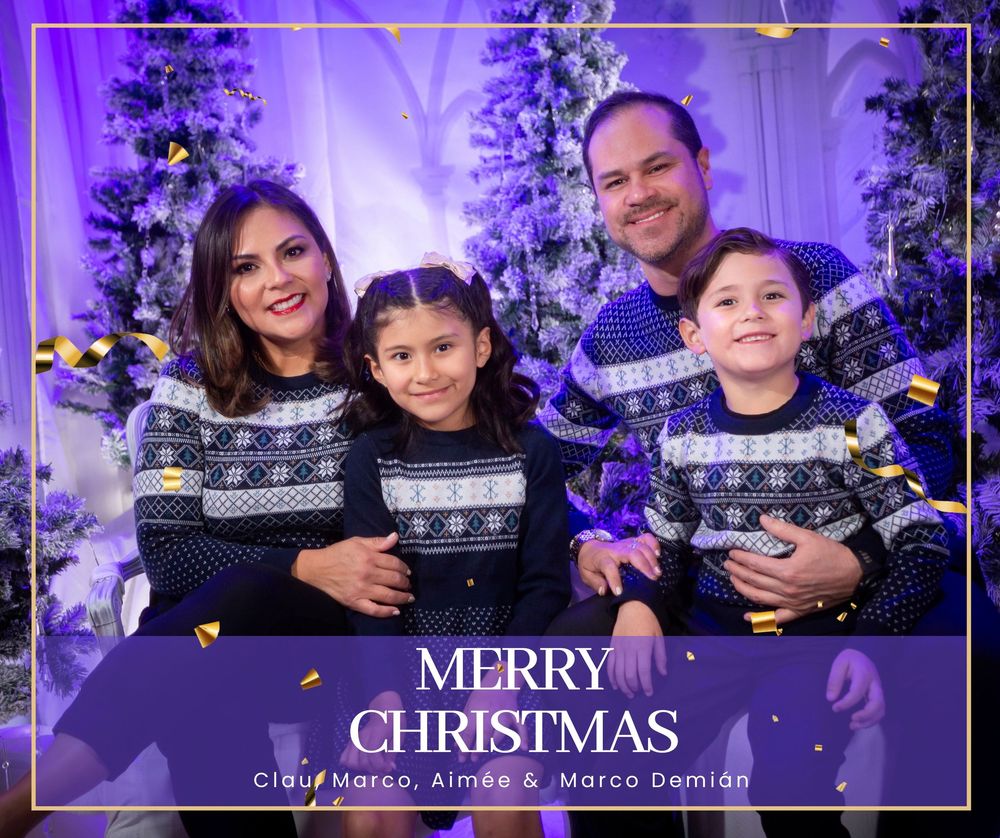 A holiday family photo collage with purple lighting and text overlay reading 'Merry Christmas'.