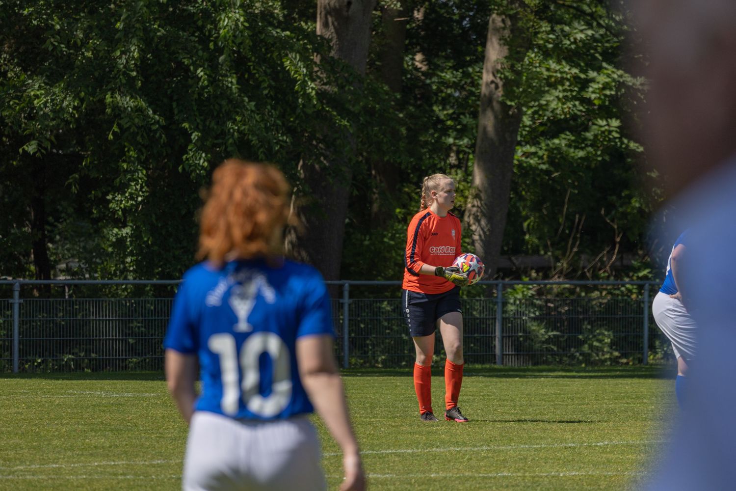 Players in red and blue jerseys face off during a sunny outdoor sports match on a grass field.