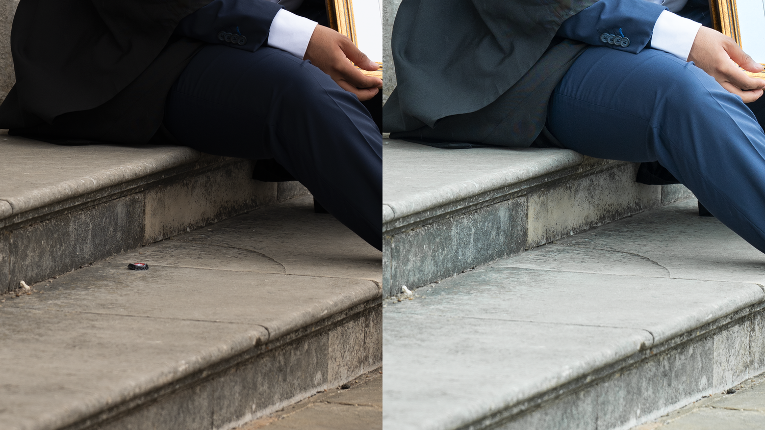 A compilation of close-up photos showing skateboard tricks being performed on concrete stairs and ledges.