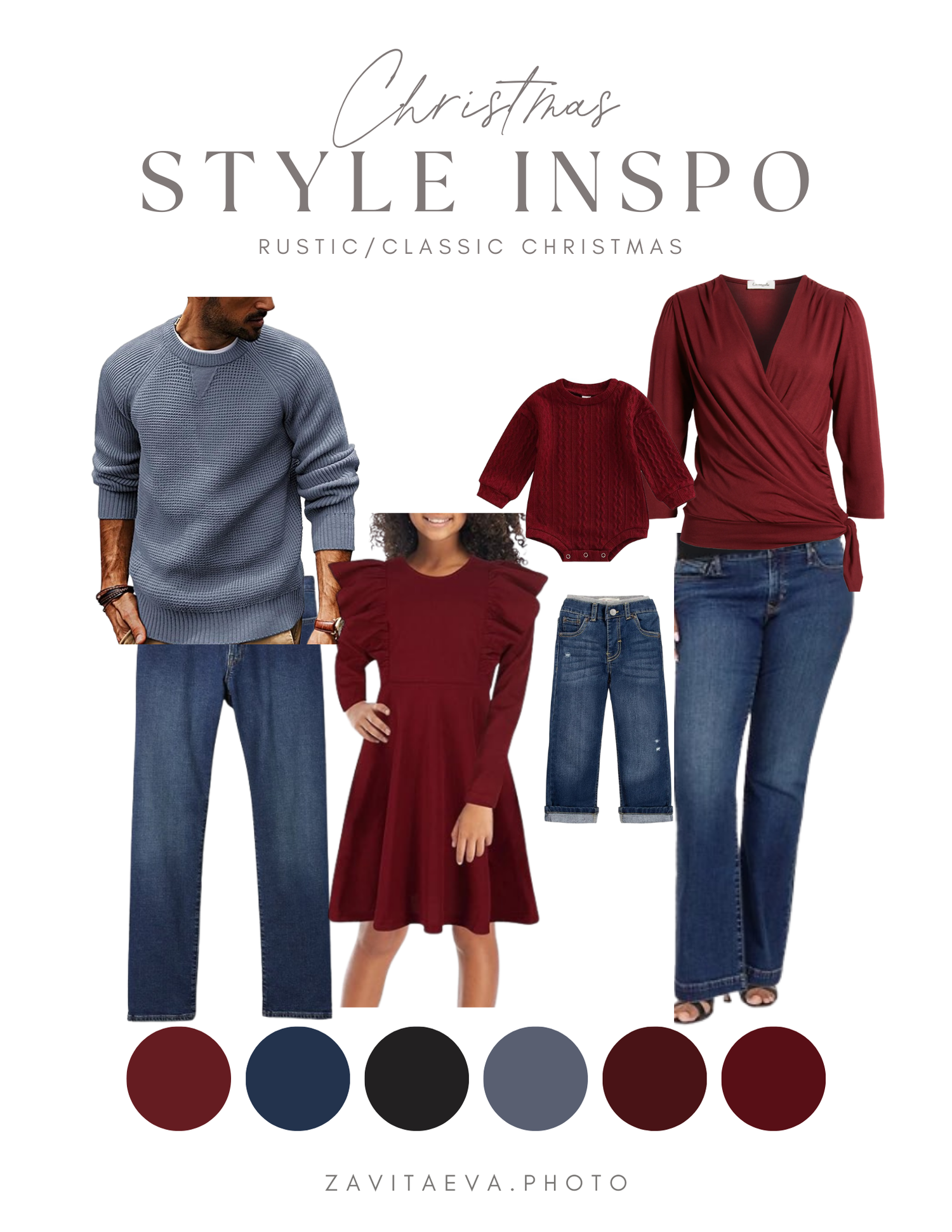 A coordinated winter holiday fashion guide showing burgundy dresses and blue jeans styled with cozy sweaters.