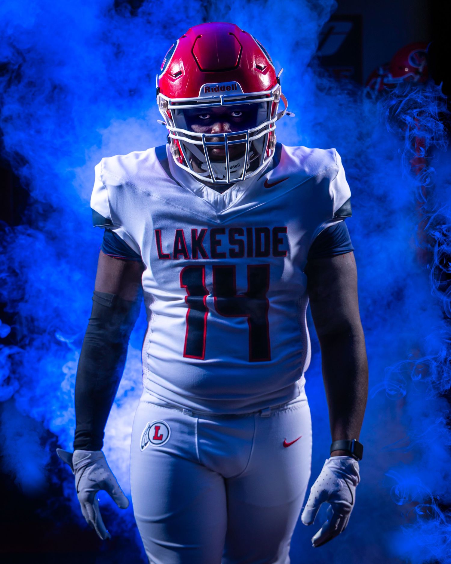 Football players in white and red uniforms pose for sports promotional photos against a blue background.