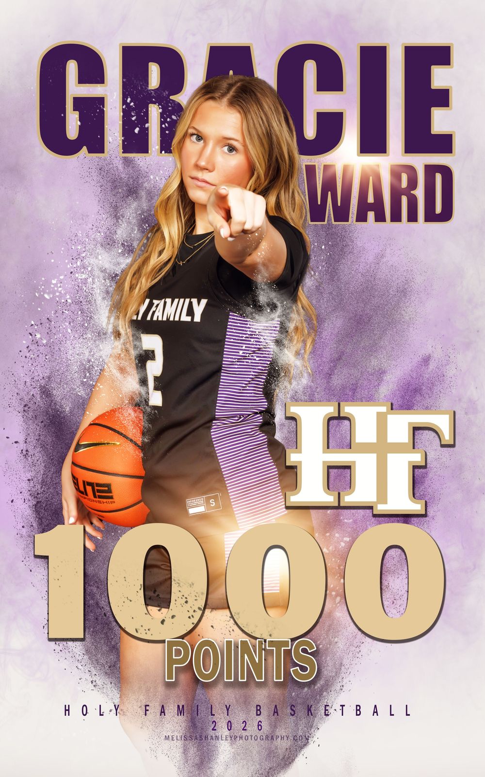 Purple and orange basketball sports banner design with 1000 points milestone achievement graphic overlay.
