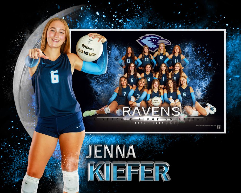 Volleyball player in navy blue uniform setting ball against dark background with dramatic lighting and team photo elements.