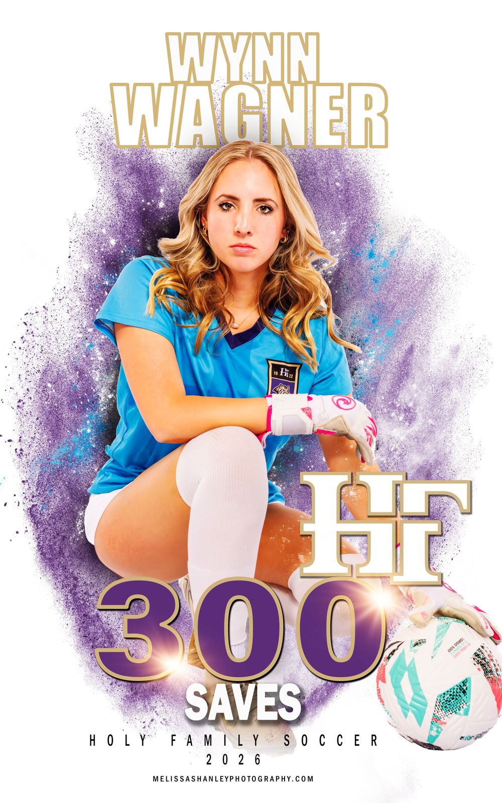 Soccer goalkeeper in blue jersey making dramatic diving save against purple and white background.