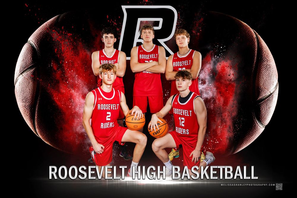 Basketball players in red uniforms pose together for a team photo montage with dramatic dark lighting effects.