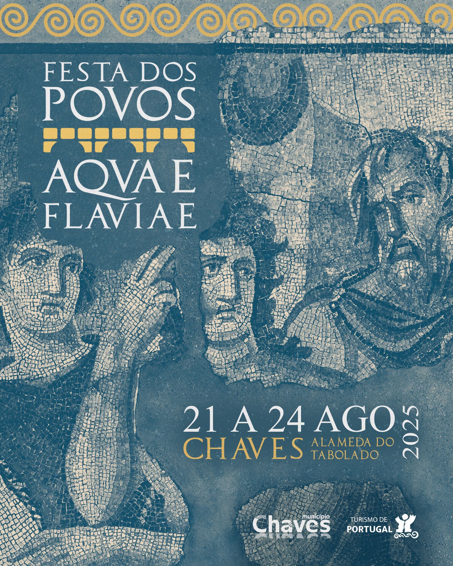 Blue and gold festival poster design featuring ancient mosaic artwork and text.