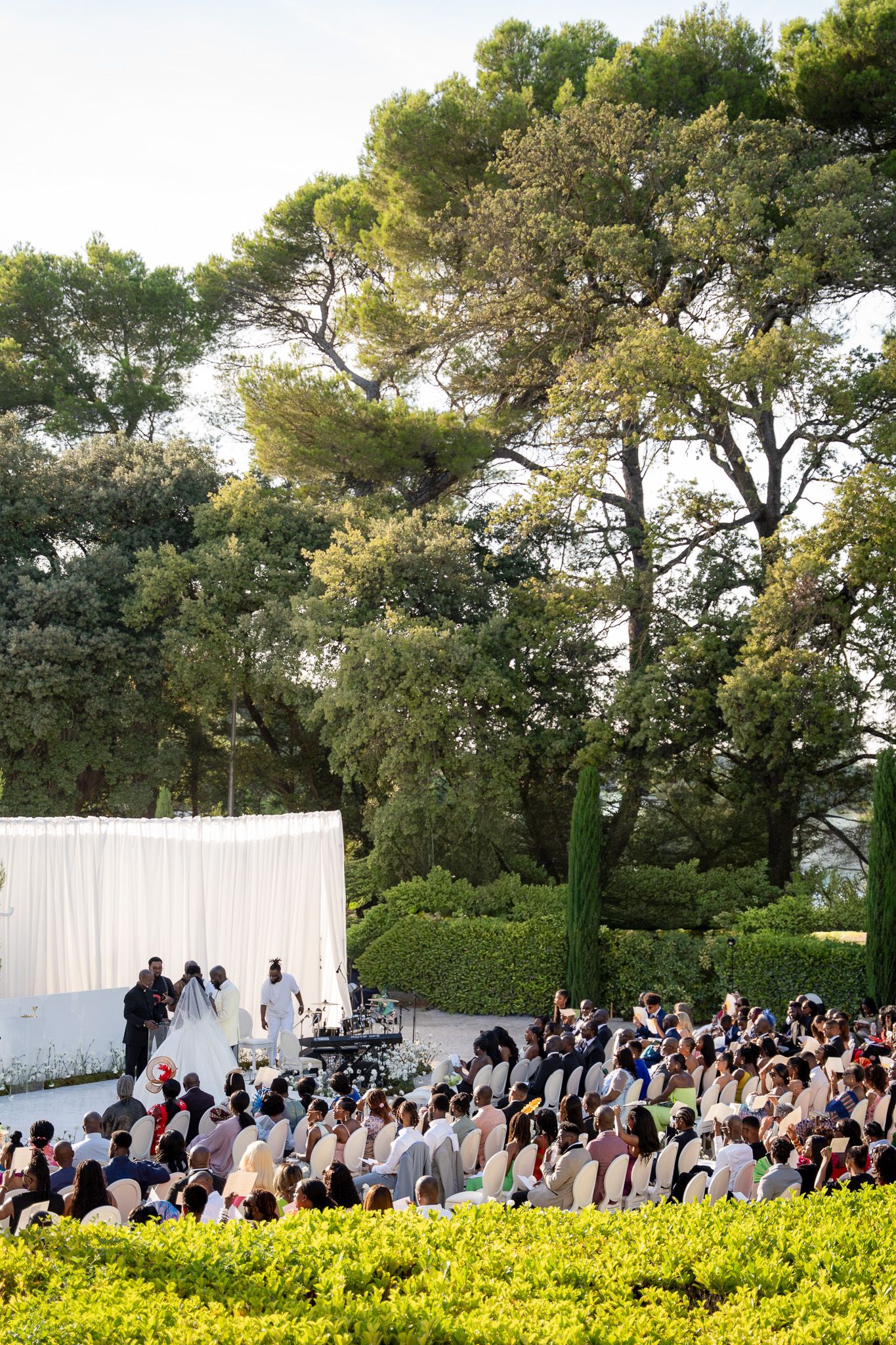 Wedding guests gather outdoors for a ceremony surrounded by yellow flowers and tall trees.