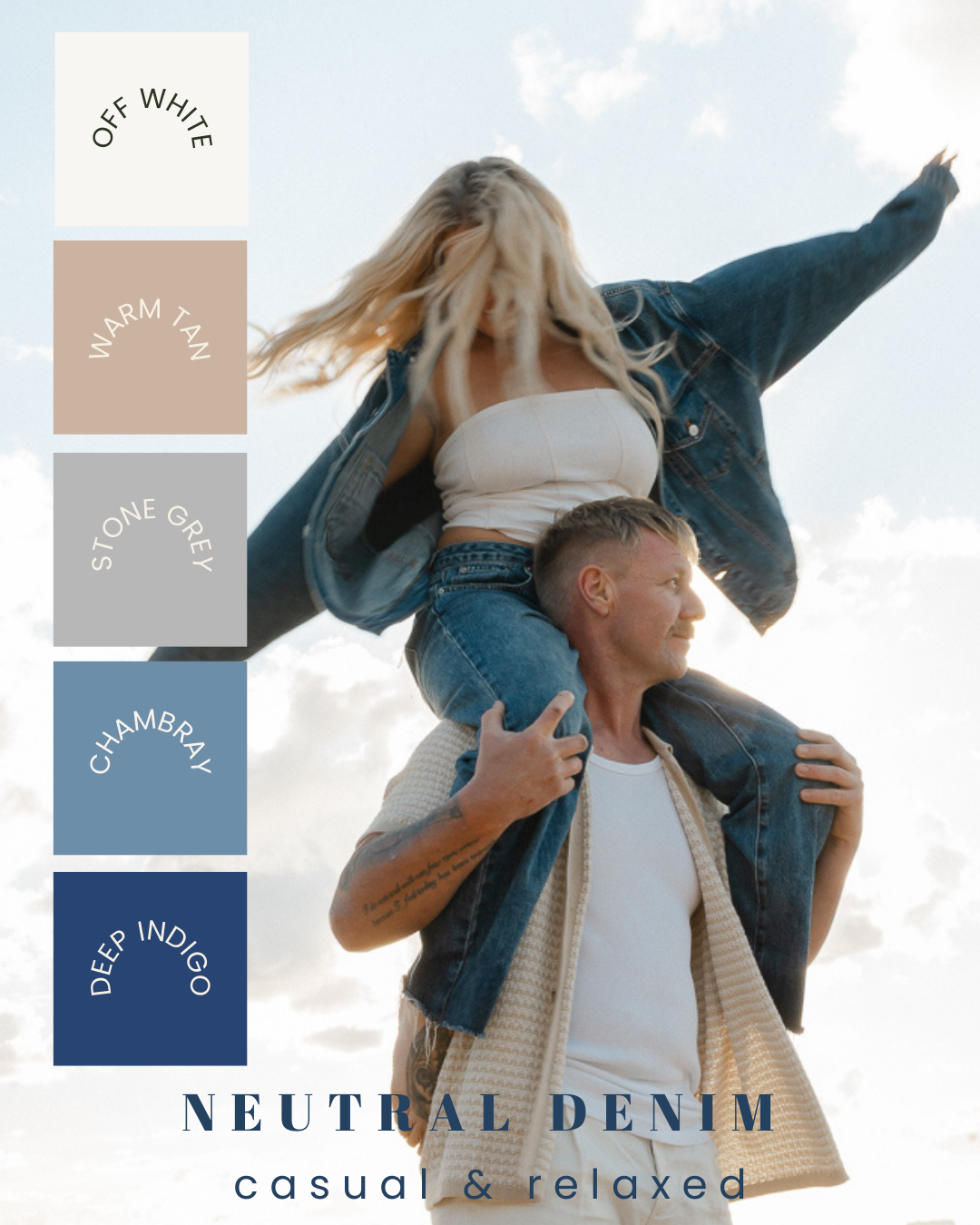 Neutral denim fashion lifestyle photos with color swatches featuring casual outfits and navy tones.