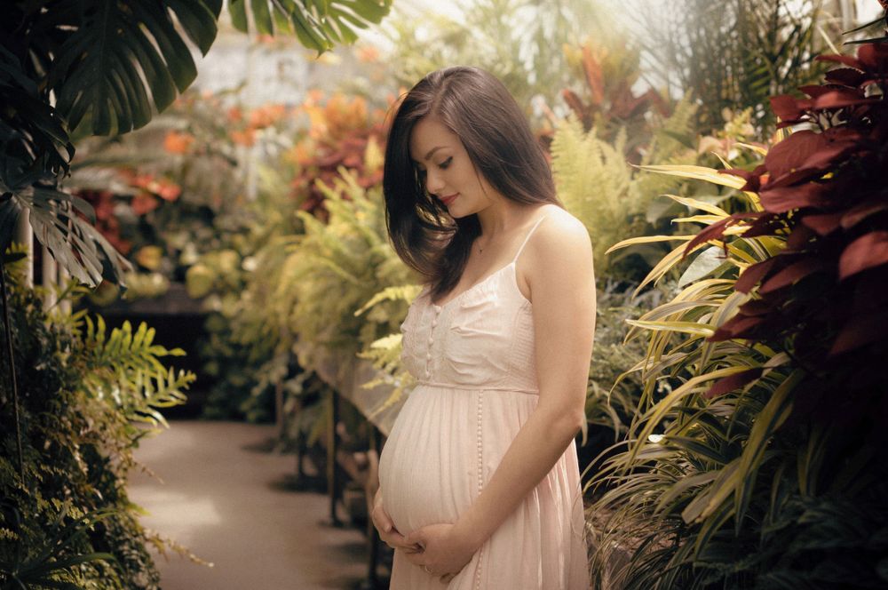 A maternity photo of a mother-to-be wearing a flowy blush pink dress standing among tropical plants in a greenhouse.