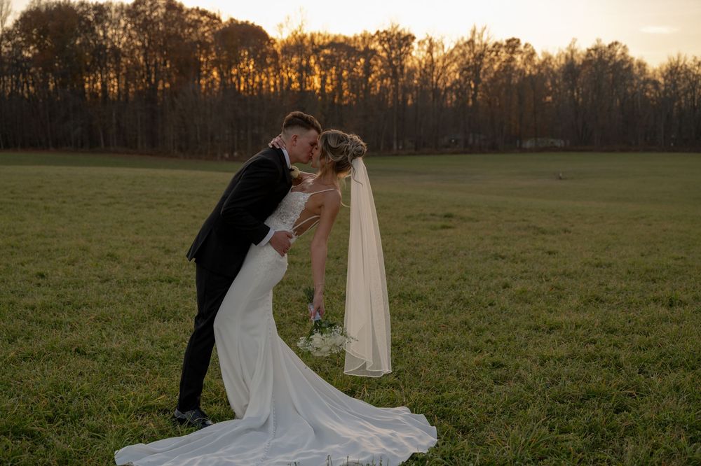 A romantic sunset wedding photo sequence shows a couple in a field sharing a tender kiss at dusk.