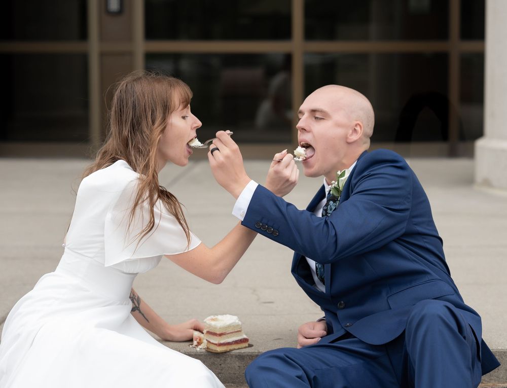 A sequence of photos showing a couple feeding each other cake at a wedding celebration.