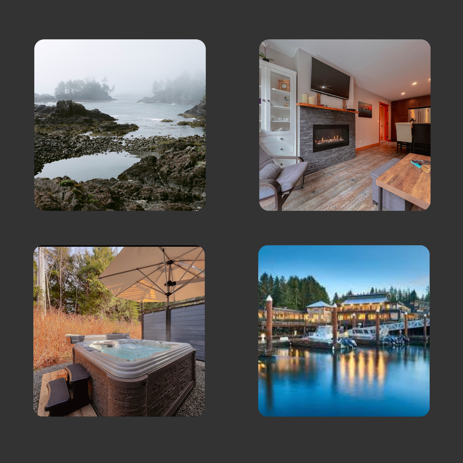 Collage of four images showing coastal scenery, modern interior, hot tub, and harbor views.