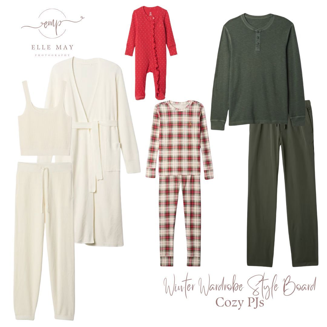 A curated style board for winter family photos at home.