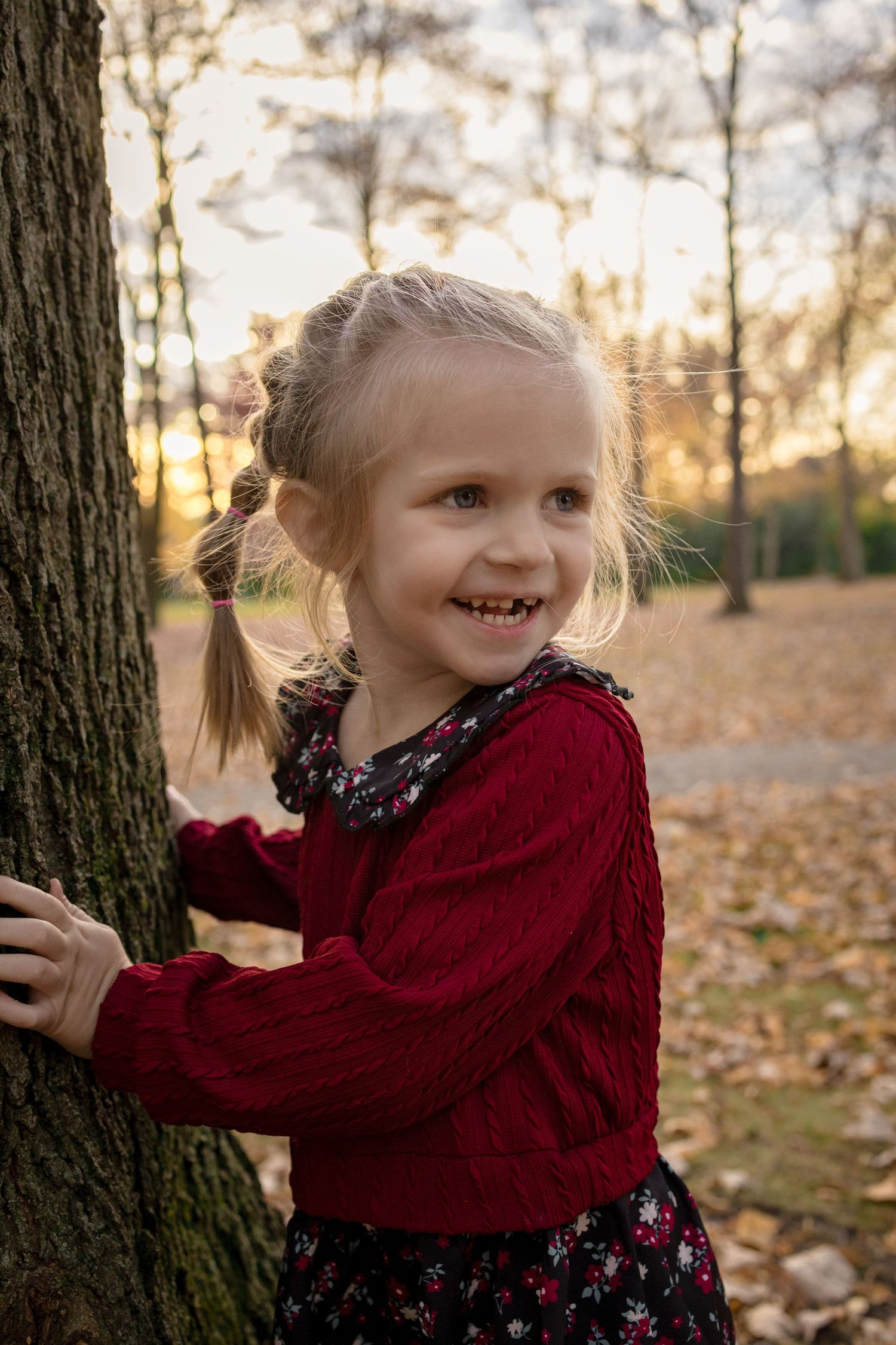Child in burgundy sweater playing peek-a-boo around tree trunk in autumn setting.