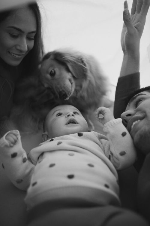 Candid family moment with baby in polka dot outfit and curious dog looking on.