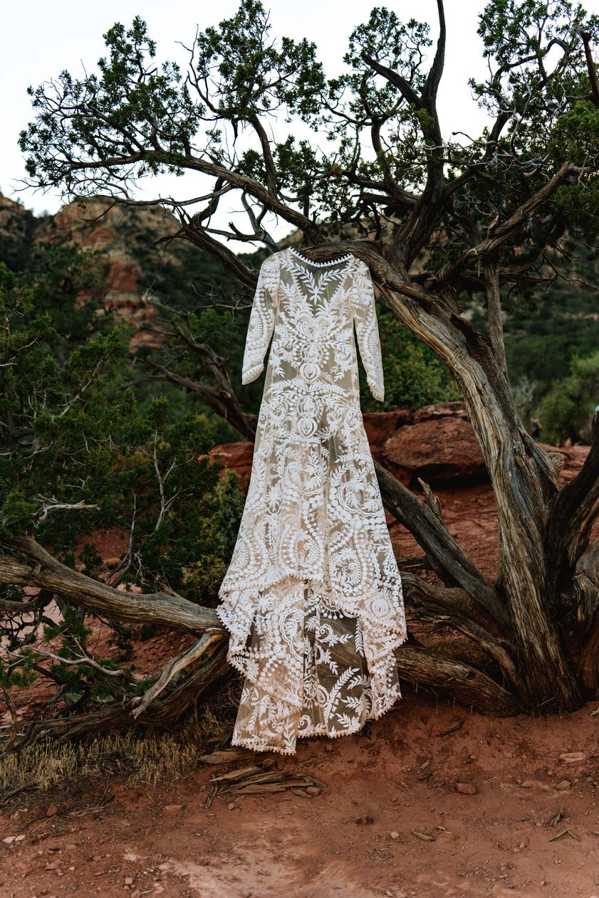 Elegant lace wedding dress hanging from rustic tree branch against Sedona red rock desert landscape backdrop.