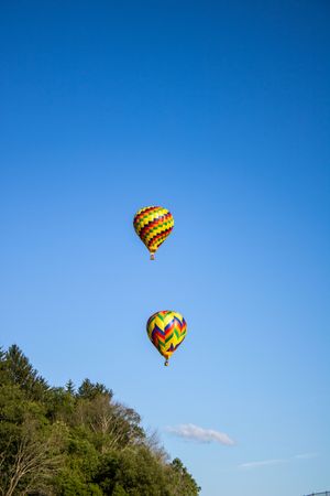 Three hot air balloons float in formation against a bright blue sky and treeline.