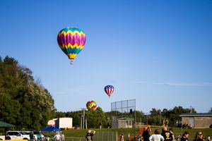 Hot air balloons of various colors float across a bright blue sky above a rural landscape.