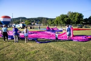 Pink and purple balloon envelopes lay flat on grass as crews prepare for inflation.