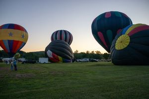Multiple hot air balloons lined up in a field during golden hour preparations.
