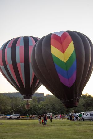 Dark hot air balloons with rainbow heart designs lined up in an open field.