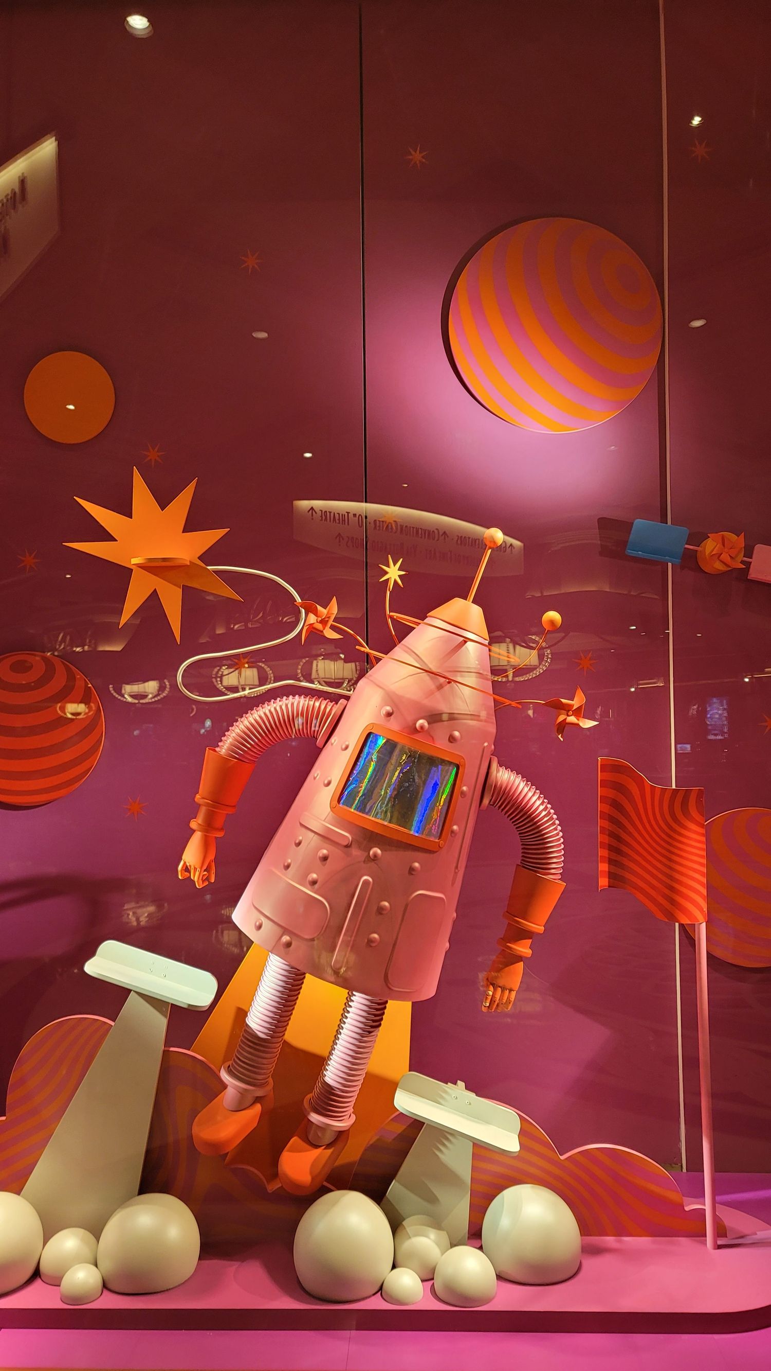 Colorful retro robot art display at a Las Vegas casino.