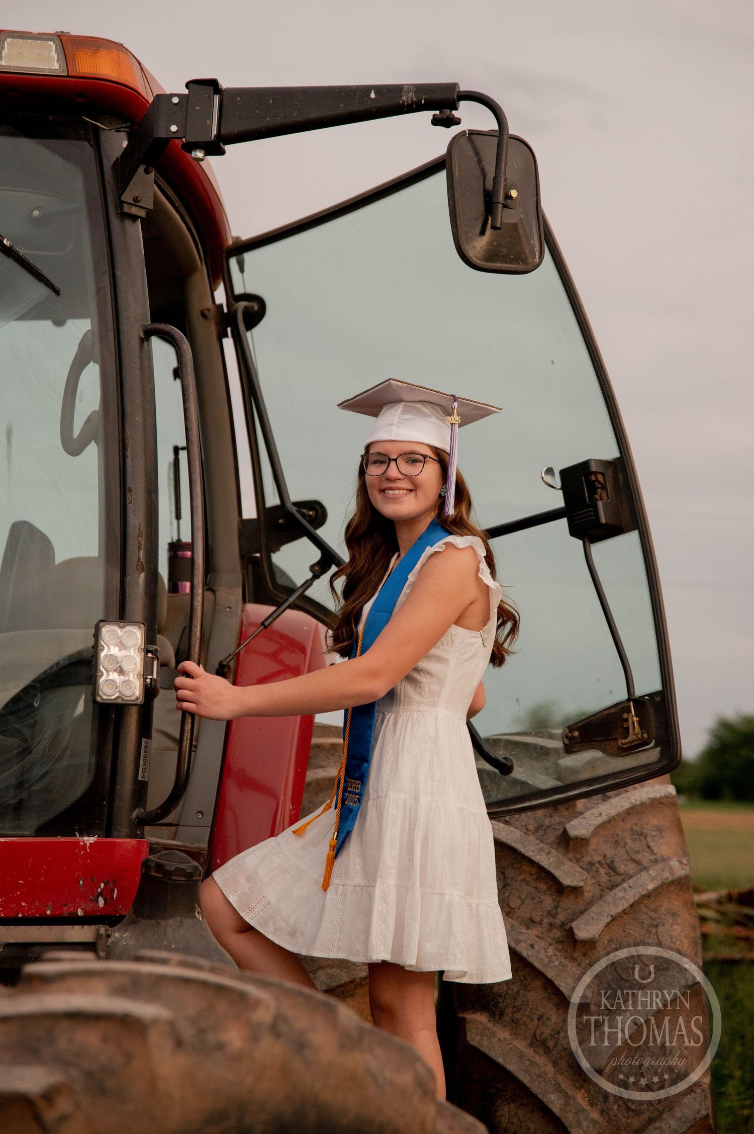 A series of shots showing someone in a white sundress climbing into a red farm tractor in a rural field setting.
