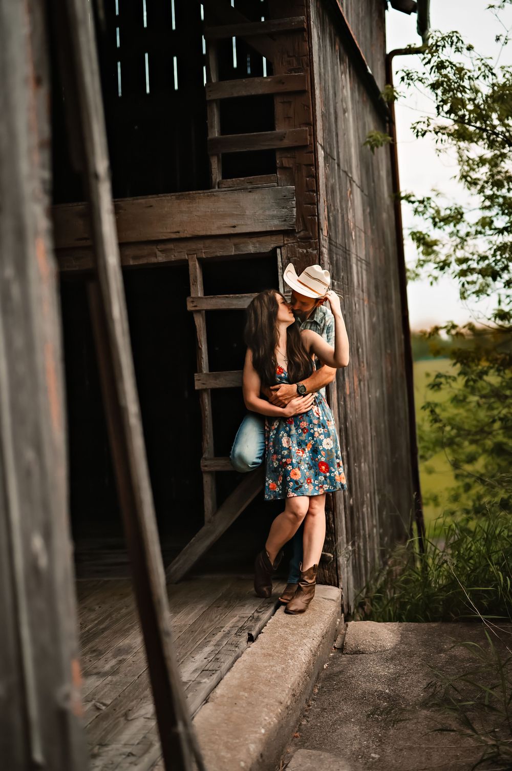 Three artistic portrait photographs taken at an outdoor wooden building showing romantic intimate moments.