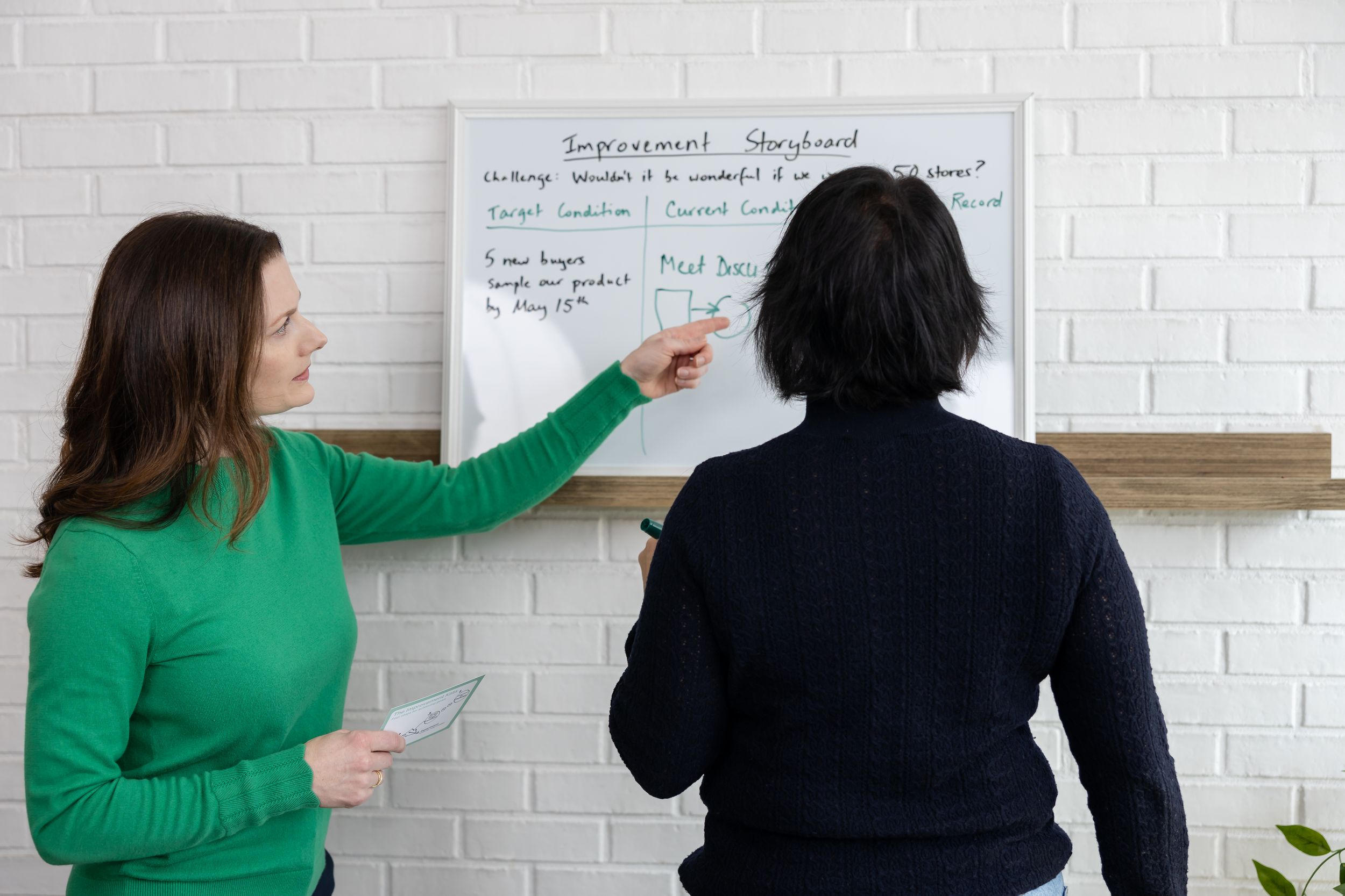 woman business coach Seattle, WA branding standing at whiteboard performance coaching woman pointing at notes