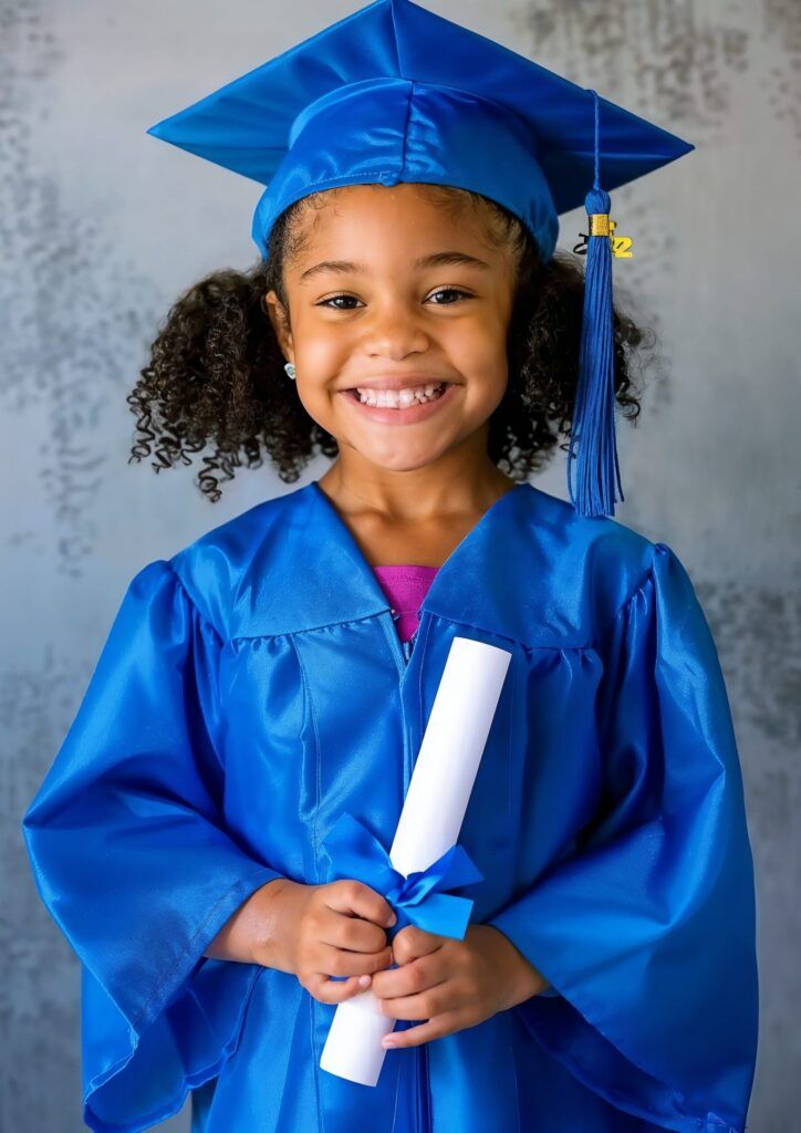 Young graduate wearing a bright blue cap and gown holds diploma while smiling joyfully at the camera in multiple poses.