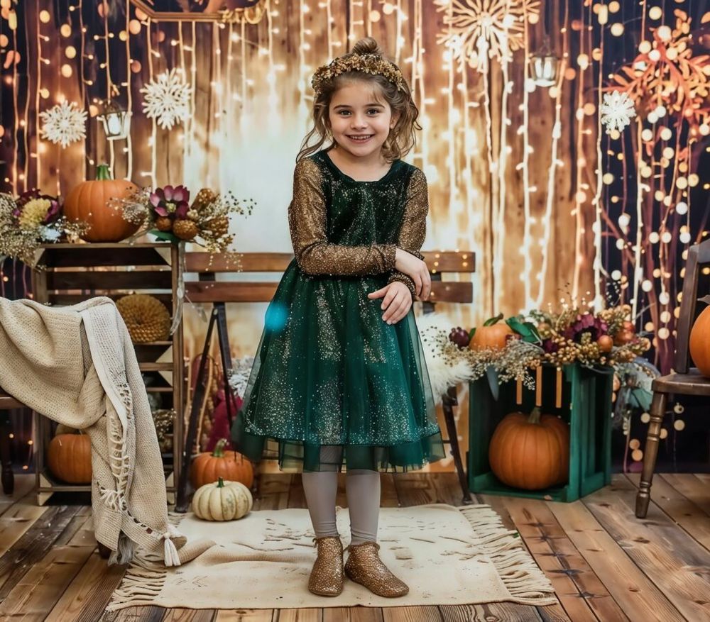 A festive holiday scene with twinkling lights, pumpkins, wooden backdrop and emerald green dress against string lights.