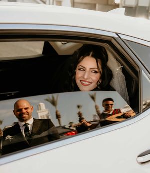 Wedding party looks out car windows in sequence of connected photos showing joyful expressions.