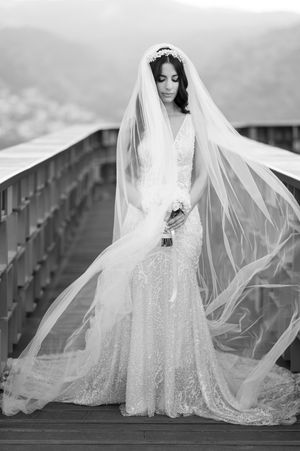 A bride in a flowing lace wedding gown and long veil poses elegantly on a wooden bridge in black and white.